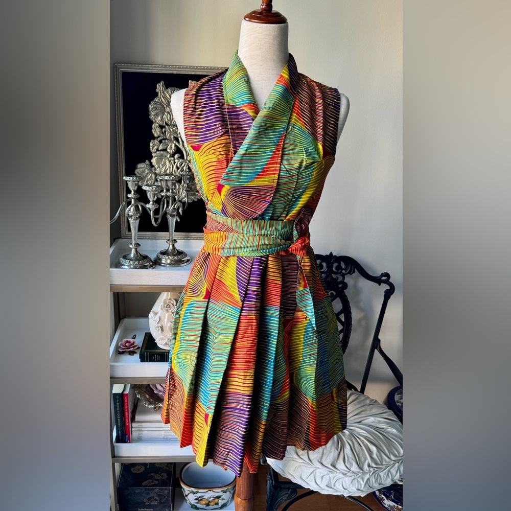 African print wrap-style dress,
Colorful Strapless Dress